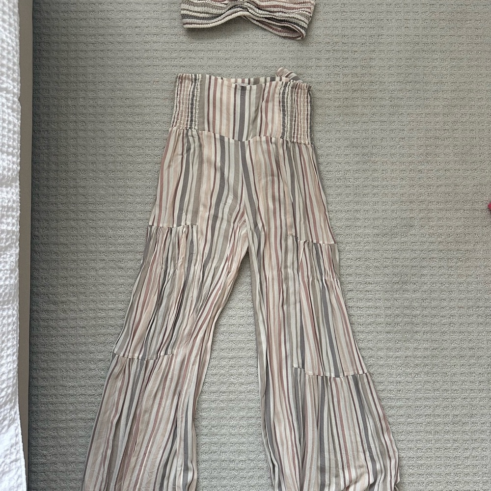Olivaceous Striped Wide Leg Pants - Cream and Gray
